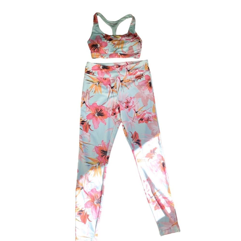 Forever 21 Light Blue Tropical Floral Activewear Set Sports Bra Leggings Womens